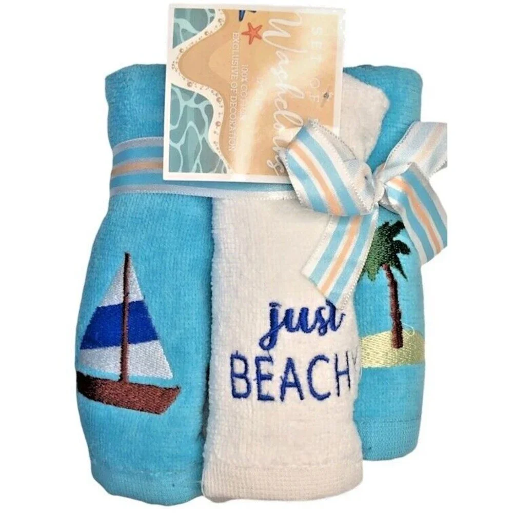 Tropical Washcloths Facecloths Beach Palm Tree Sailboat Embroidered Set of 5